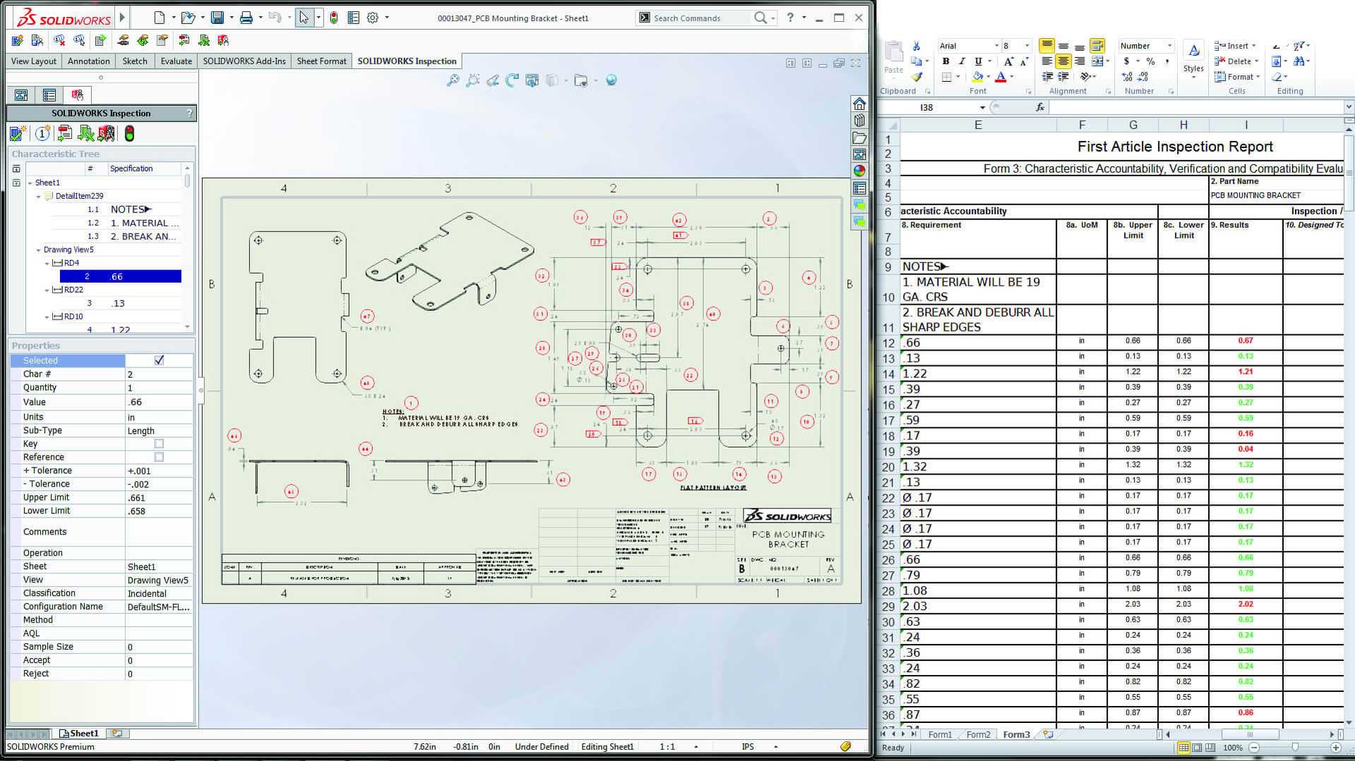 SOLIDWORKS Inspection matavimu planas